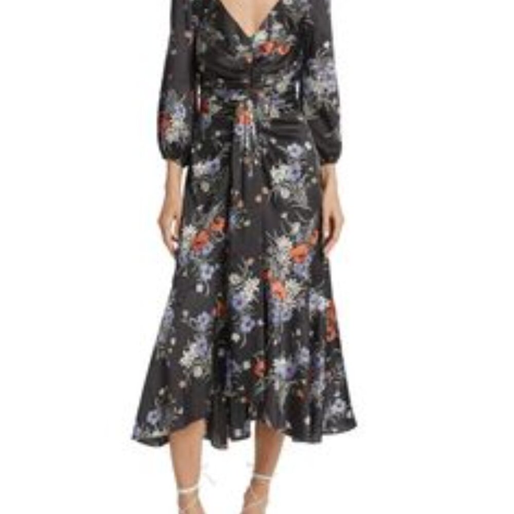 Cinq a Sept Walker Satin Floral Midi Dress Obsidian Black Multi Size 14 NWT